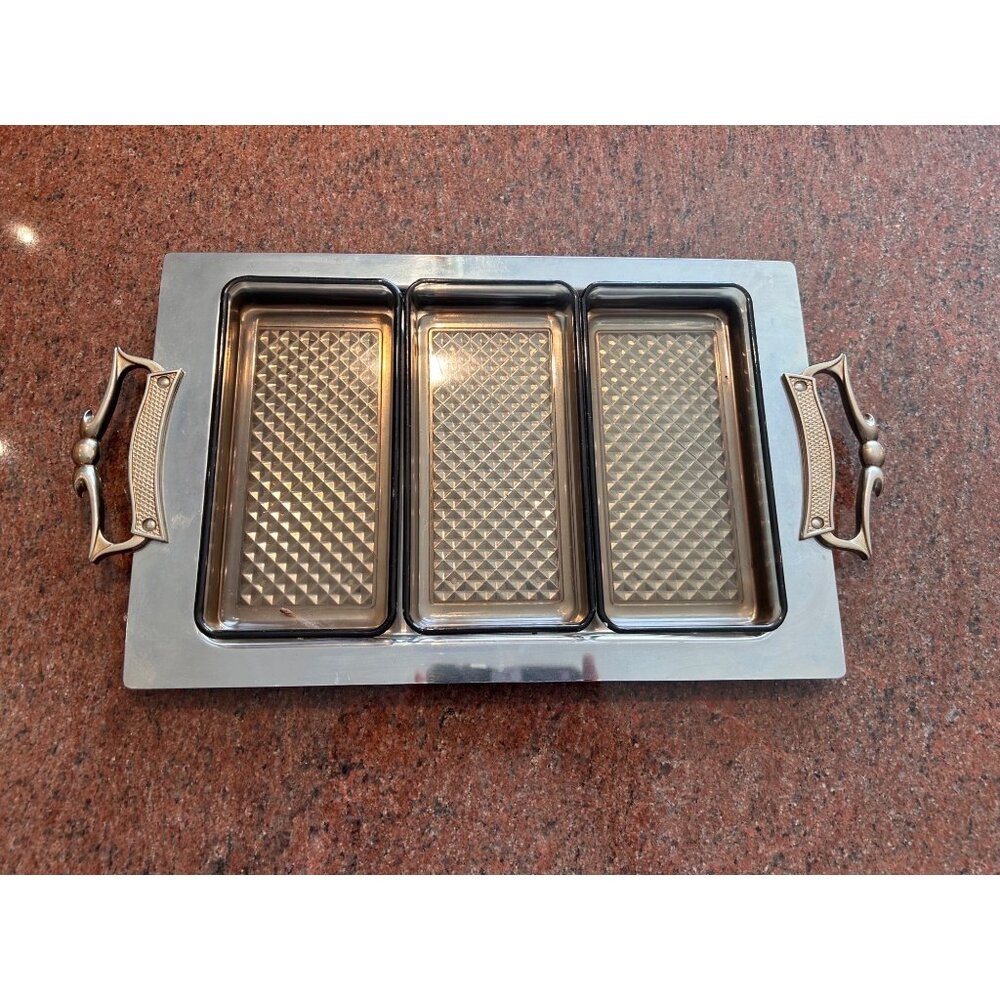 KROMEX Relish Serving Tray 14" x 9" w 3 Inserts Mid-Century Modern Gold Handles